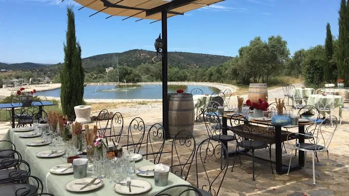 Lunch table on the terrace overlooking the pond at Karnas
